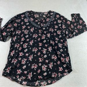 Black Floral Red Blouse Top Long sleeve 3/4 Sleeve Peter Pan Collar Flow…